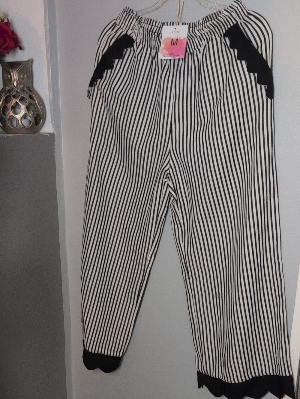 Striped Elastic Waist Women’s Pants - Black & White